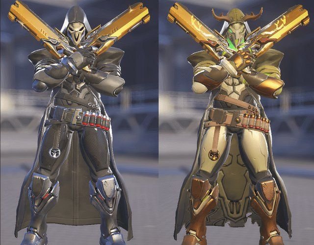 A comparison shot of the default Overwatch 2 Reaper skin and another, Epic Rarity skin that costs real-world money that uses the same base model.