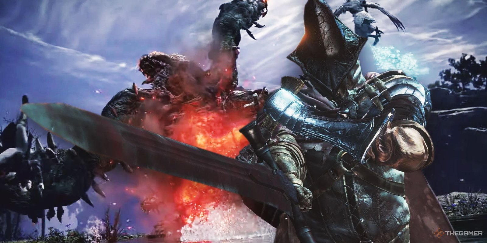 Abyss Watcher from Dark Souls 3 over a screenshot of the Centipede Demon in Elden Ring Nightreign.