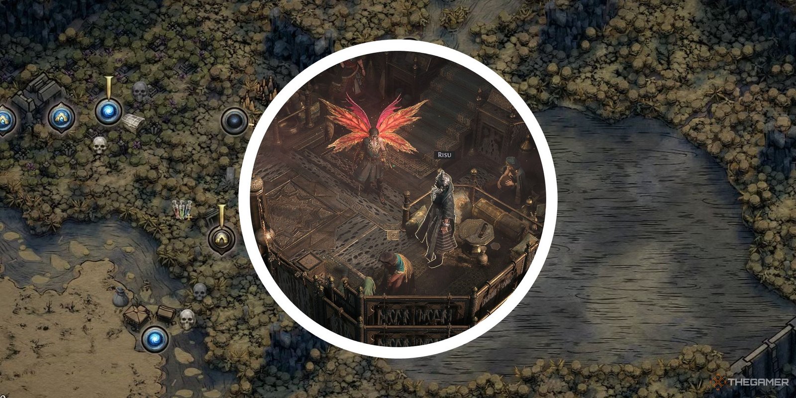 Complete Guide To Runes And Socketable Items In Path Of Exile 2 3 An image of act three map in Path of Exile with a circle PNG showing a player talking to Risu in Path of Exile 2.