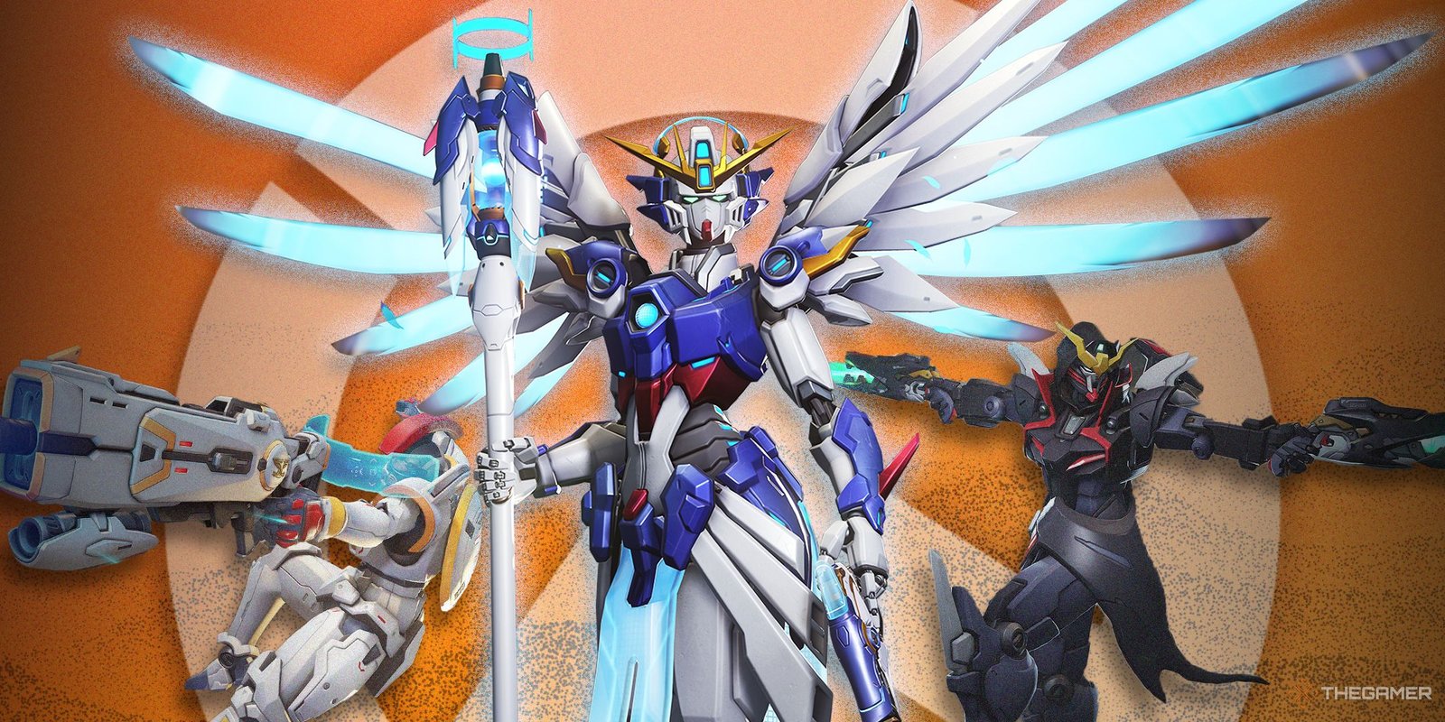 G.I. Joe And Players Deserve Better than this Overwatch 2 Collab 1 Gundam crossover skins for three Overwatch 2 characters, all in front of an orange gradient.