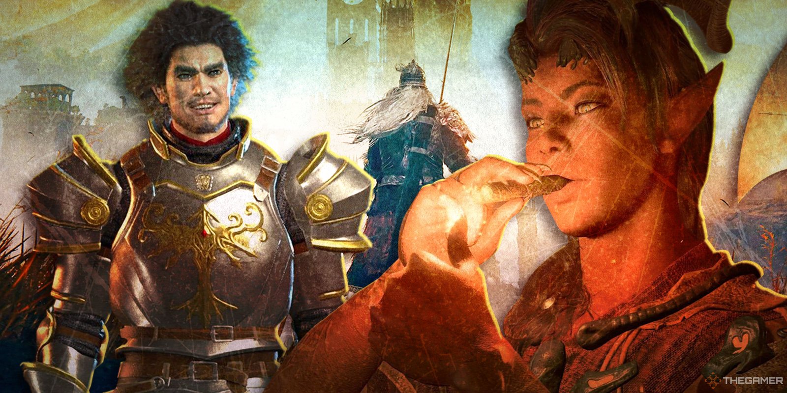Games The NPCs Have Their Own Lives And Stories 1 A split image of Elden Ring, Like A Dragon: Infinite Wealth and Baldur's Gate 3.