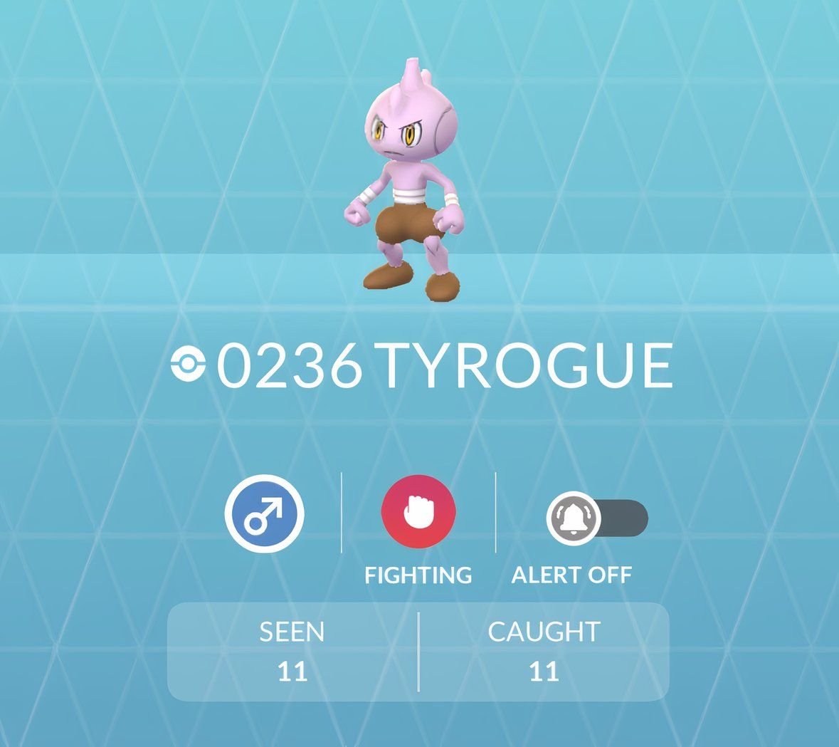 Tyrogue from the PokeDex screen in Pokemon Go.