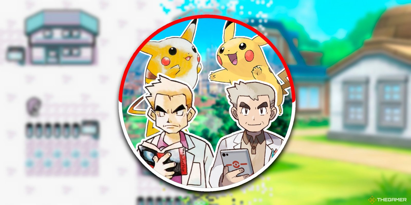 Pokemon So Human-Like I'm Scared They're Actually A Person In Disguise 4 Classic Professor Oak And Pikachu Drawn By Ken Sugimori Alongside Their Modern Counterparts Inside A Poke Ball On Top Of Pallet Town From Pokemon Blue And Pokemon: Let's Go Pikachu.