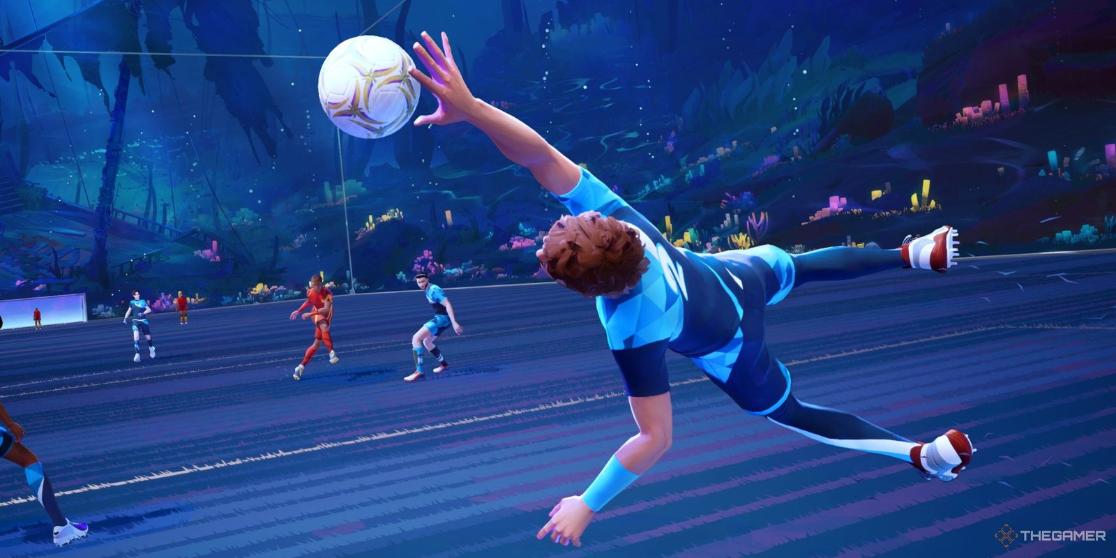 A goalkeeper diving to get a ball in Rematch.
