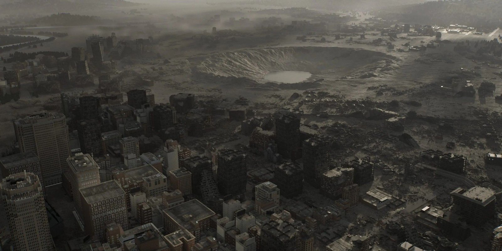 A huge crater in Raccoon City in Resident Evil Requiem.