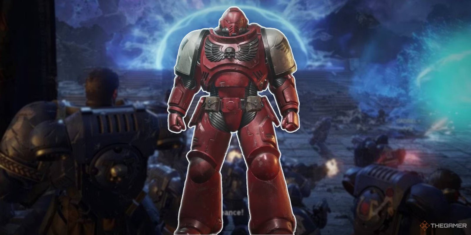 Space Marine 2’s New Class Is The Perfect Chance To Add One Crucial Chapter 5 Blood Raven Space Marine in front of a fight from Warhammer 40K Space Marine 2
