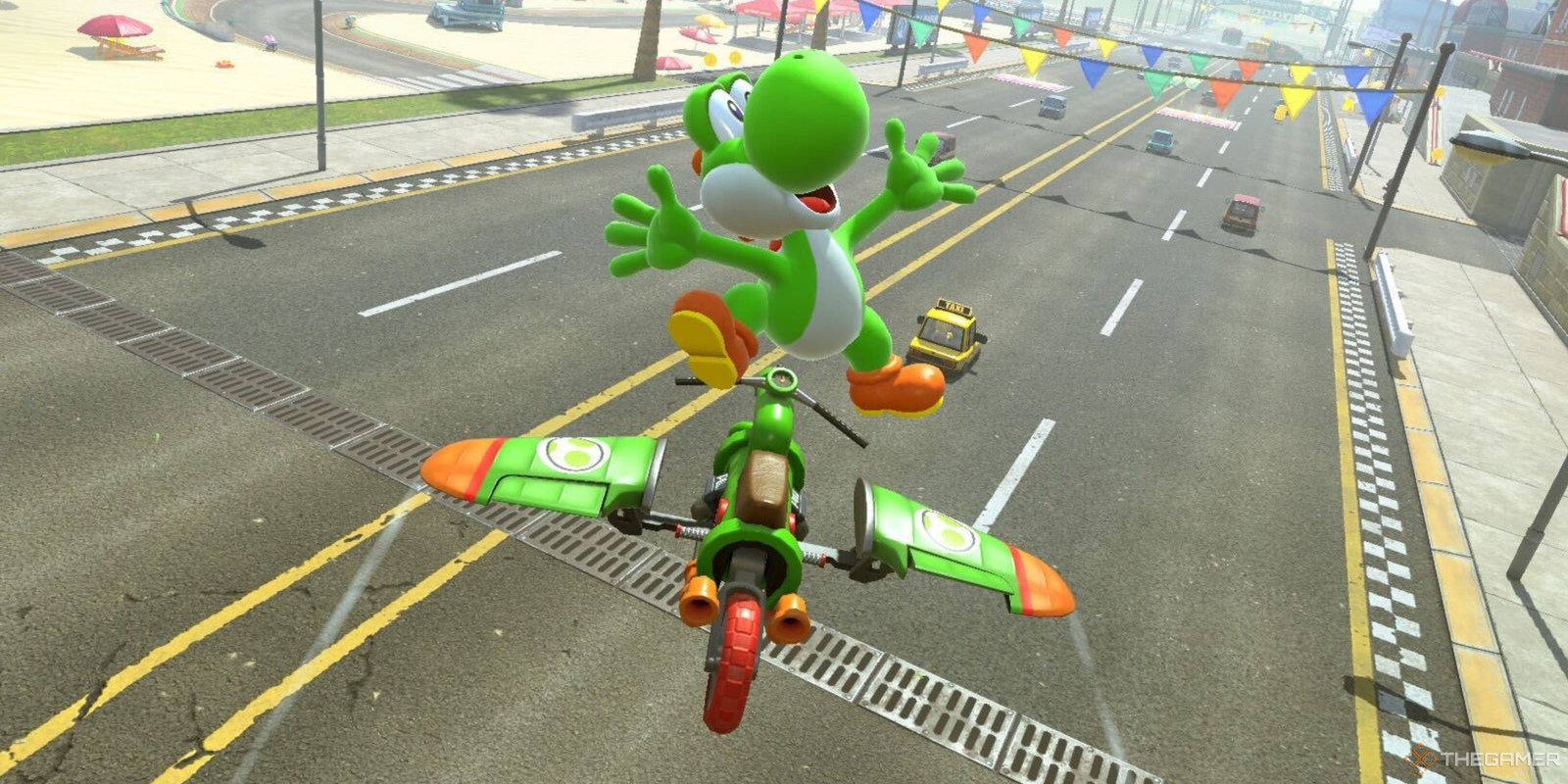 yoshi pulling off a stunt on the pipe bike in mario kart world.