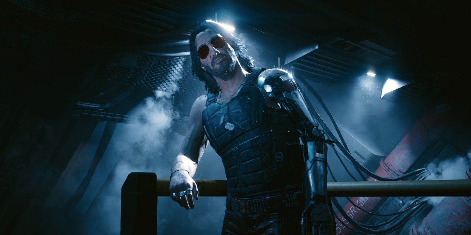 Silverhand leaning on a railing in Cyberpunk 2077.
