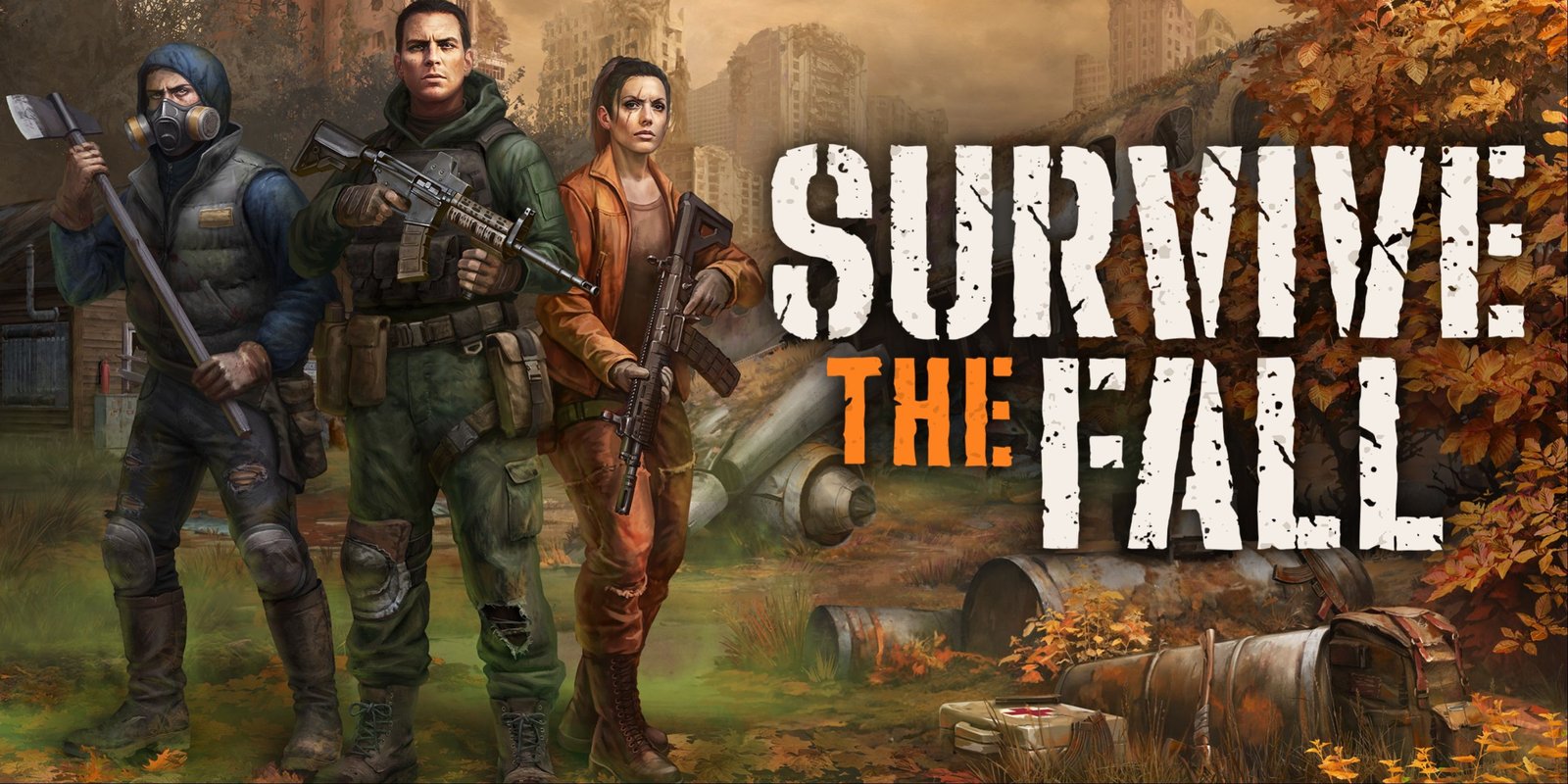 The main characters posing amid a post-apocalyptic background next to the title on the key art for Survive the Fall.
