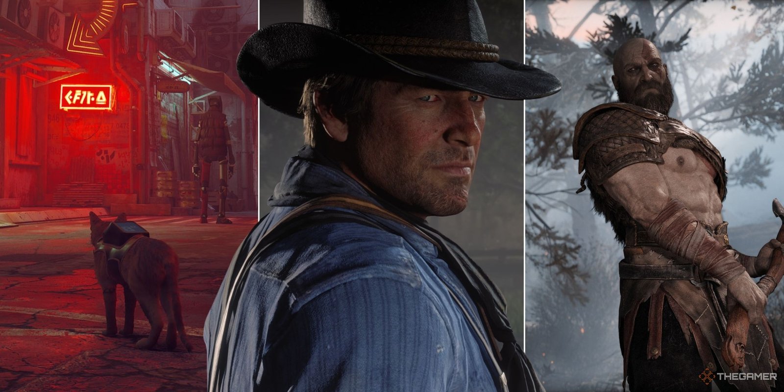 Split screen with the cat from Stray, Arthur Morgan, and Kratos.
