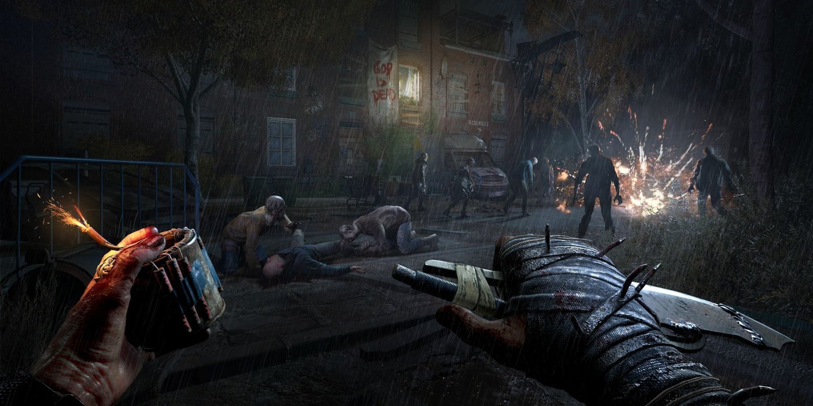 "We Made Some Missteps With Dying Light 2" Franchise Director Explains Why The Beast Is Ten Years In The Making 1 Kyle holding a firecracker and knife in Dying Light: The Beast.