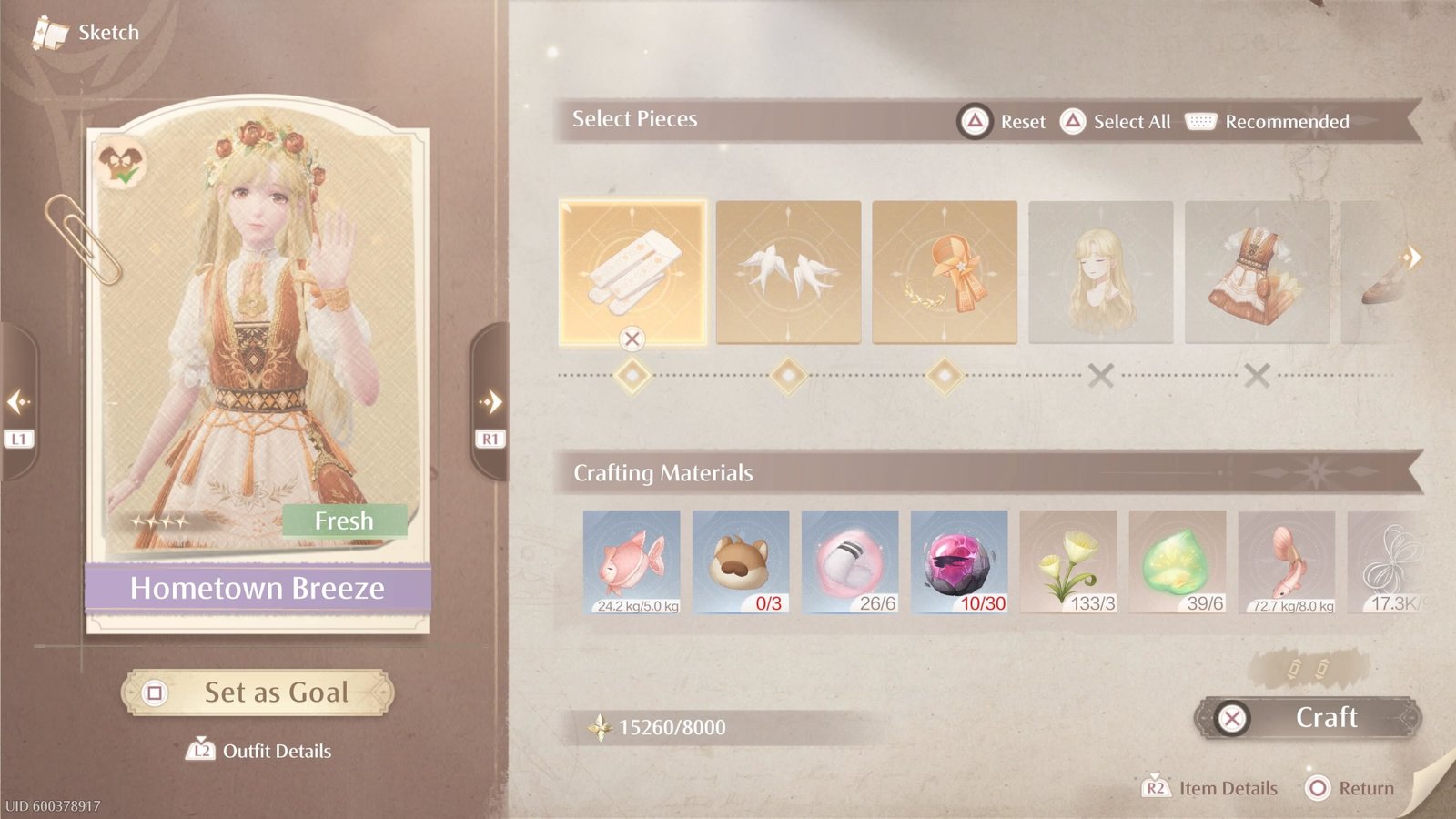 Crafting the Hometown Breeze Stylish Outfit after getting it from Kilo the Cadenceborn in Infinity Nikki.