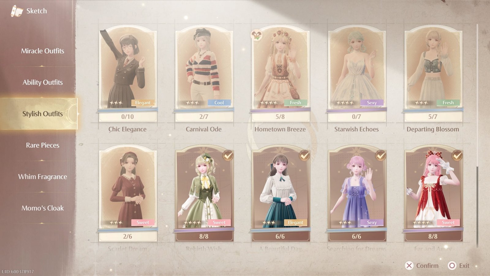 The Stylish Outfits menu in the sketchbook in Infinity Nikki.
