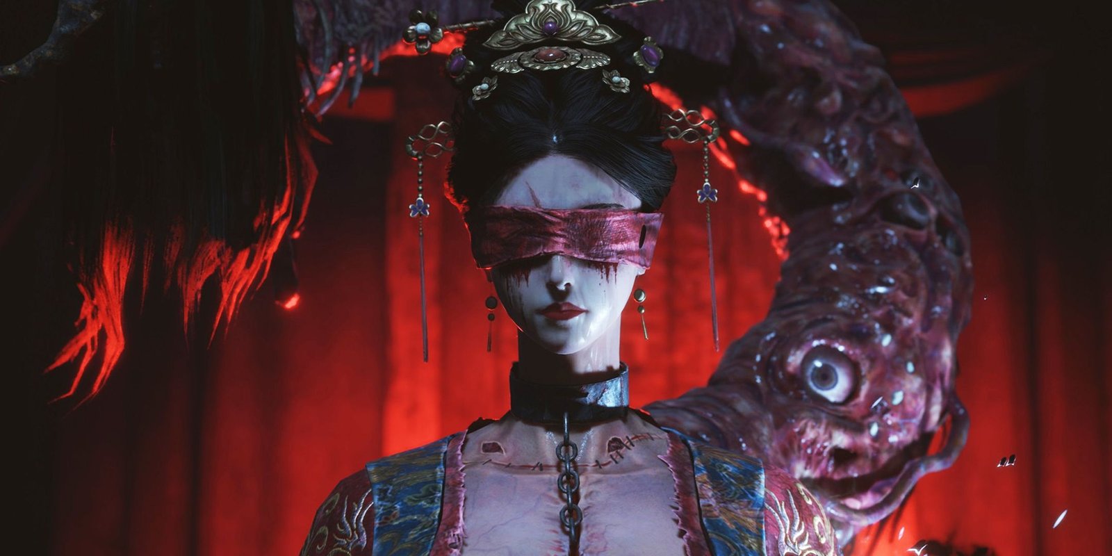 Blindfolded woman in Wuchang Fallen Feathers raising a monstrous arm with eyes poking out of the flesh in the air.