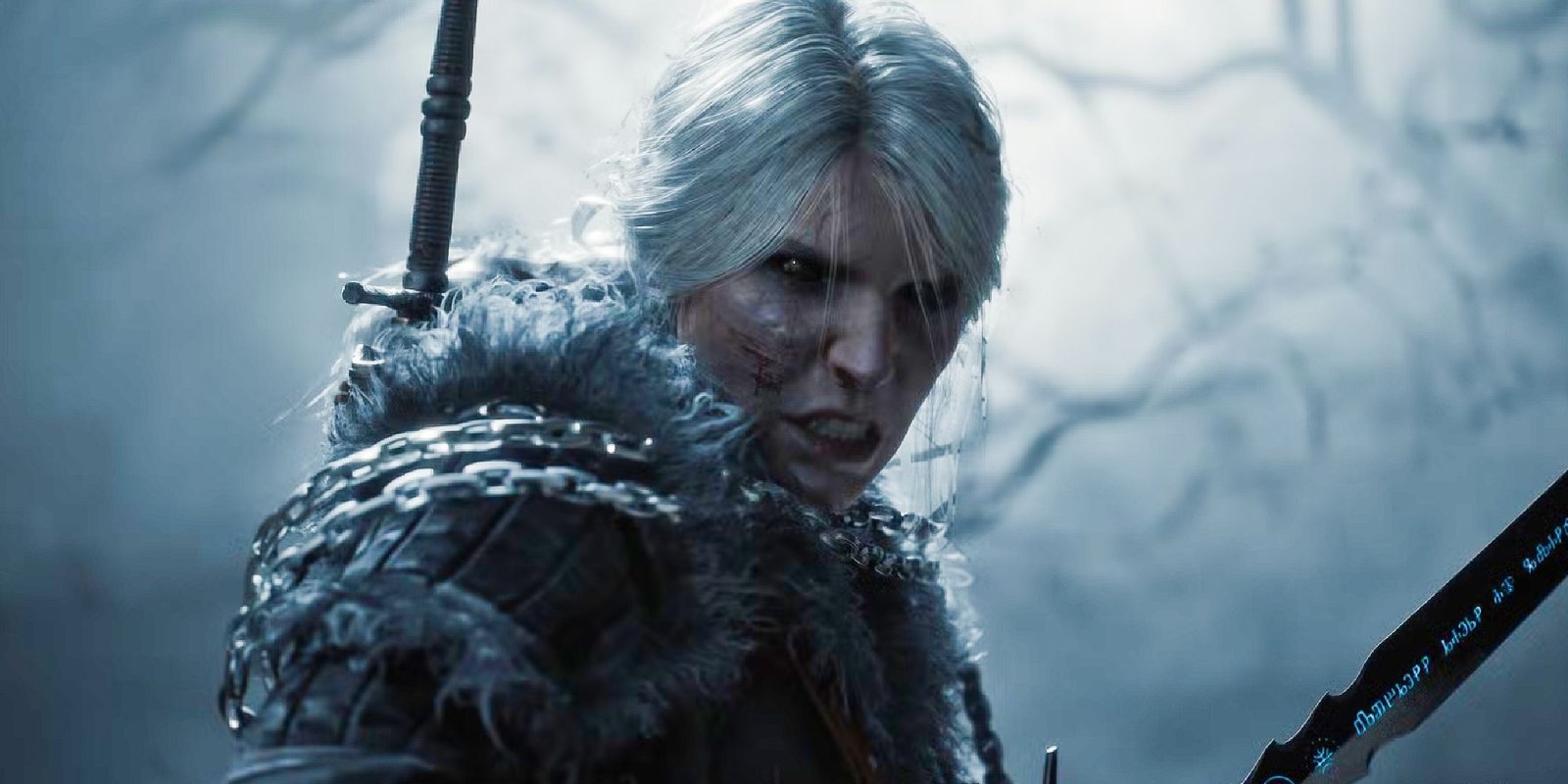 Ciri in The Witcher 4 grimacing while holding her sword.