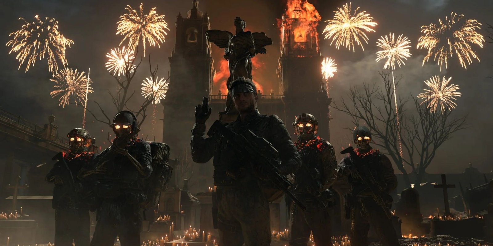Fake Solid Snake and loads of skeletons stand in front of a flaming church in Death Stranding 2. 
