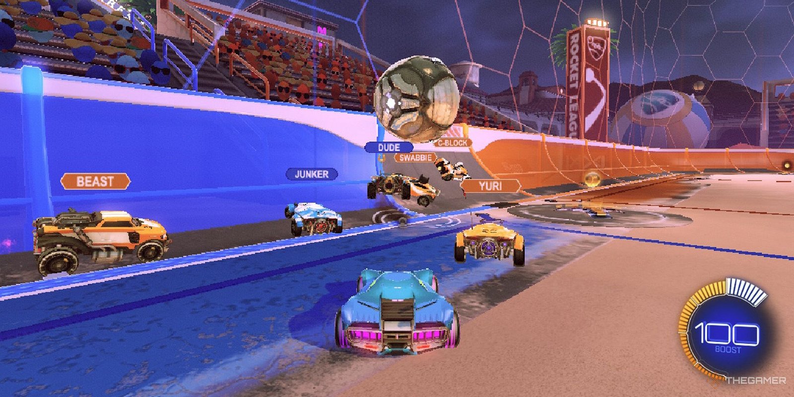 Blue and orange cars fight for the ball in Rocket League.