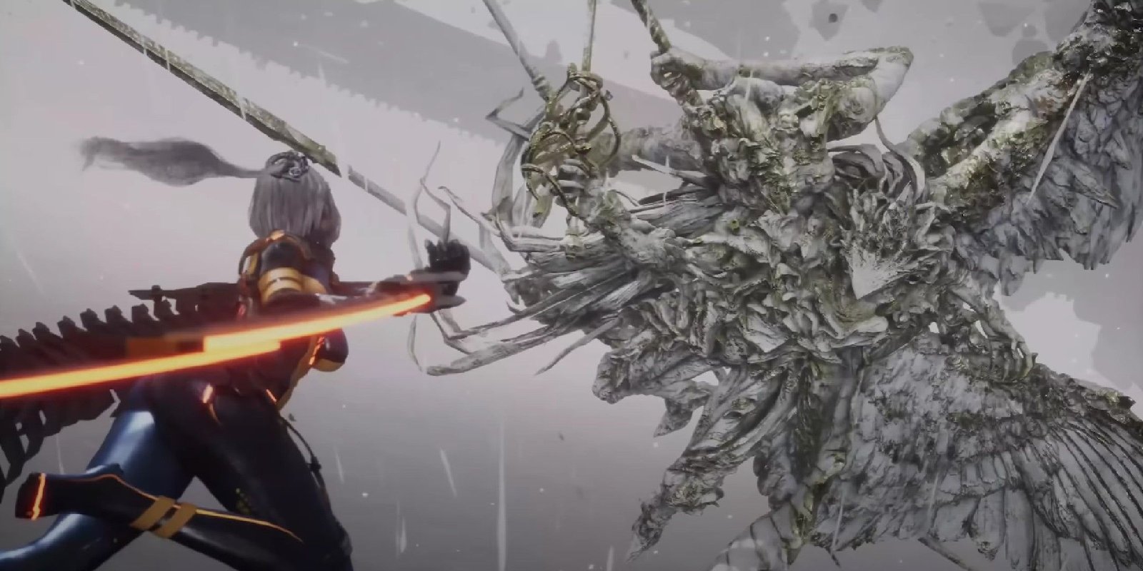 Stellar Blade image showing EVE about to clash blades with the elder naytiba.