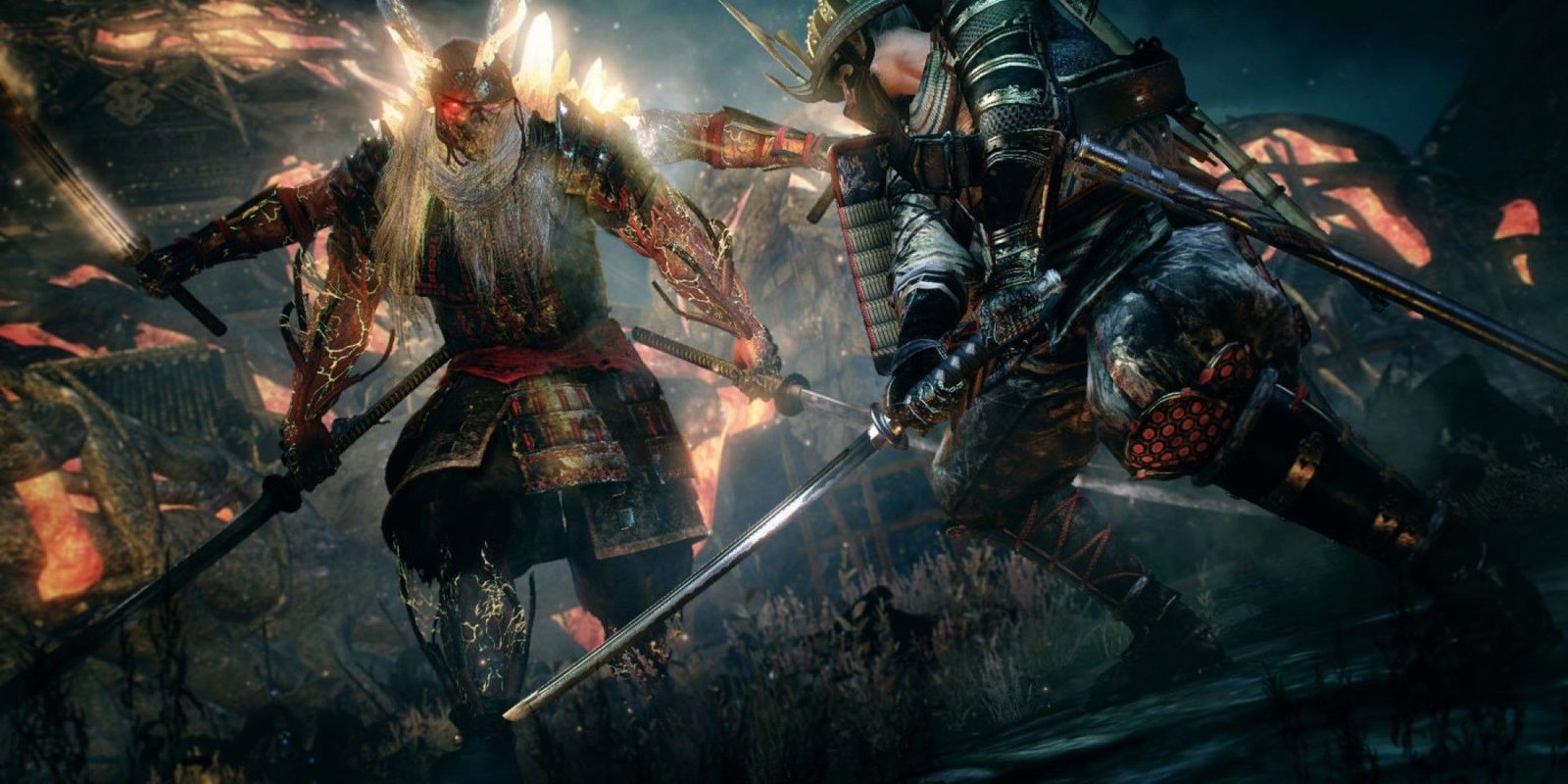 The player, wielding a sword, fighting against a yokai with many swords.