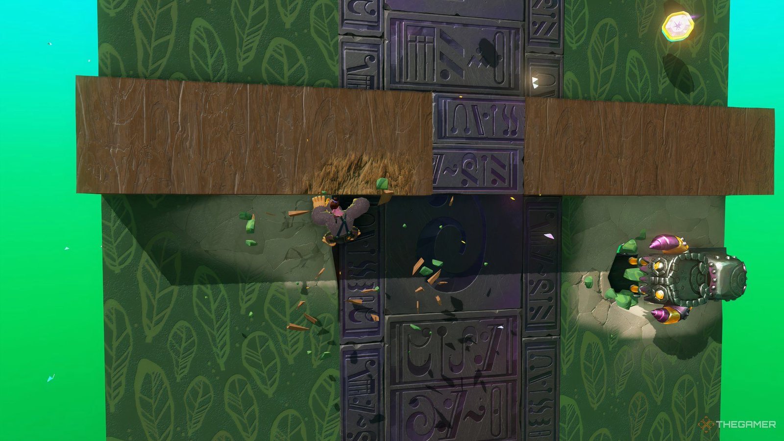 Donkey Kong punches through a wall while a Munchoid chases him in the All-You-Can-Eat Tower course in Donkey Kong Bananza.