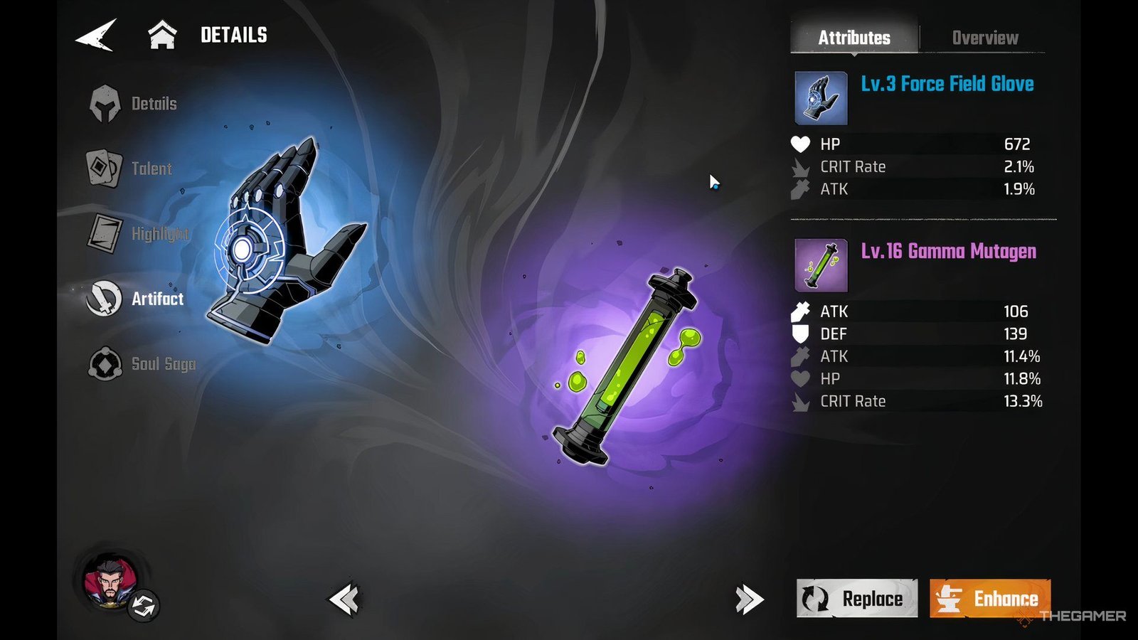 Force Field Glove and Gamma Mutagen artifact in Marvel Mystic Mayhem.