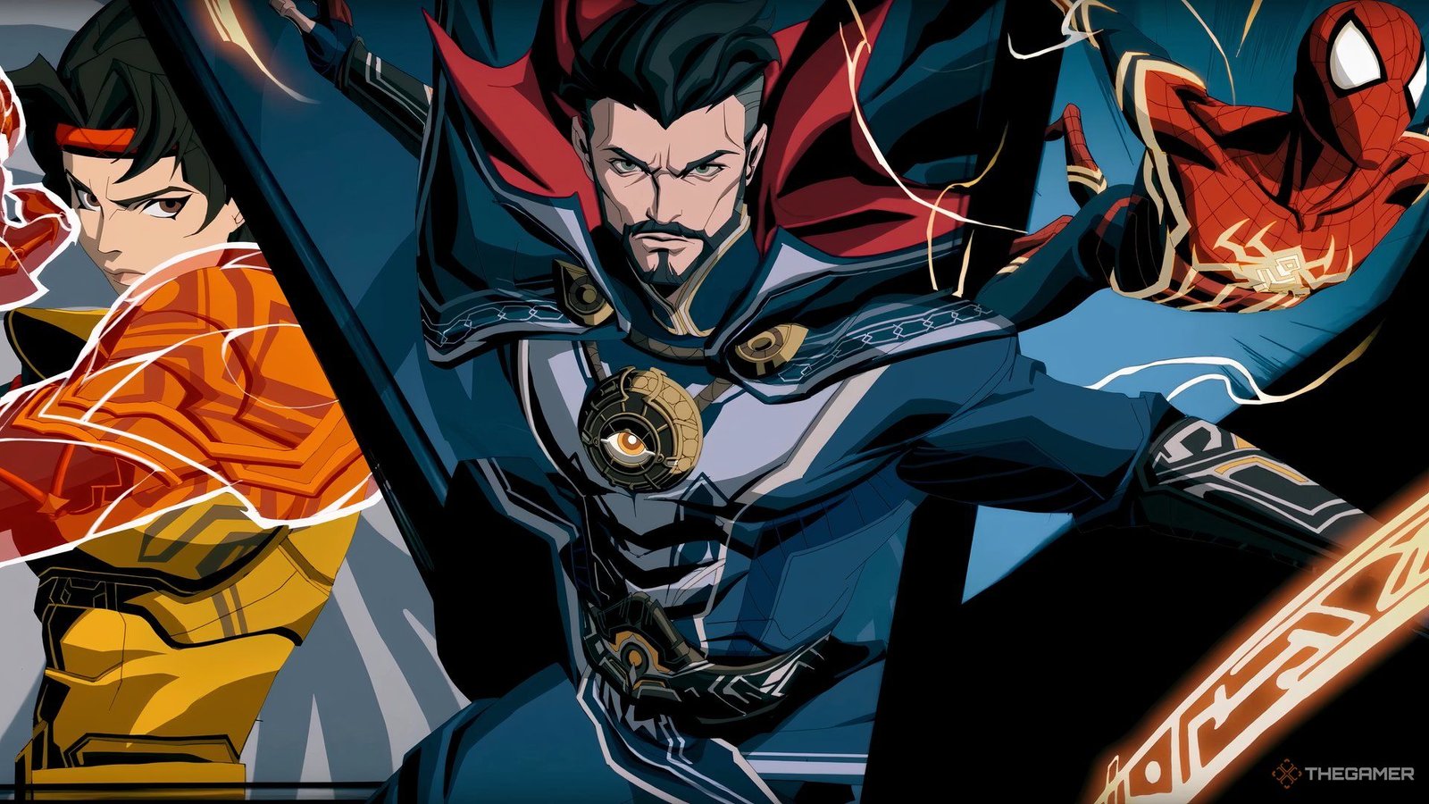 Armor, Dr Strange, and  Spider Man on a splash screen in Marvel Mystic Mayhem.
