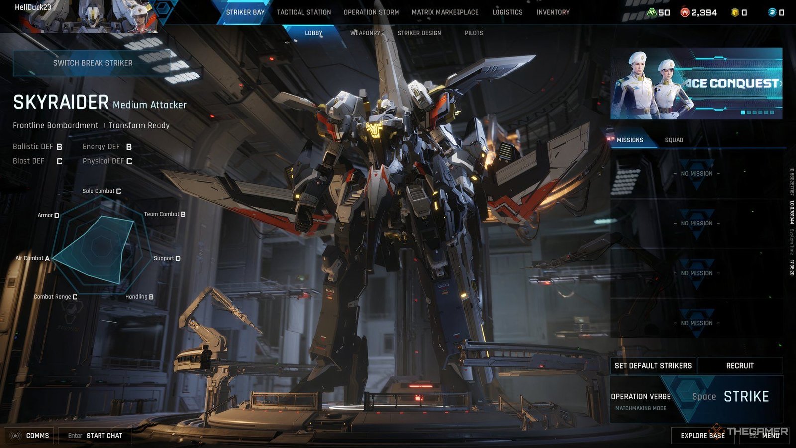 At the main lobby screen of Mecha Break with the Striker Bay tab selected. A Striker is in the middle. 