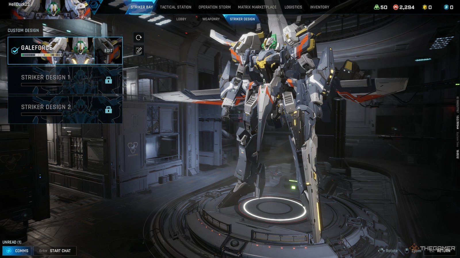 At the main lobby screen of Mecha Break with the Striker Design selected. 