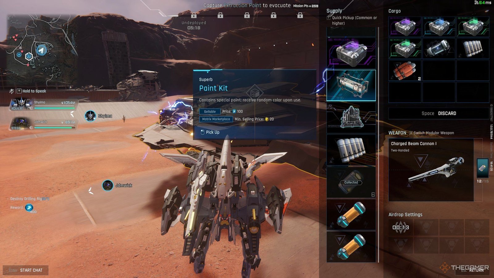 Player interacting with a downed enemy taking the paint kit in Mecha Break. There is a lable for the paint kit on top of the player with the inventory on the right. 