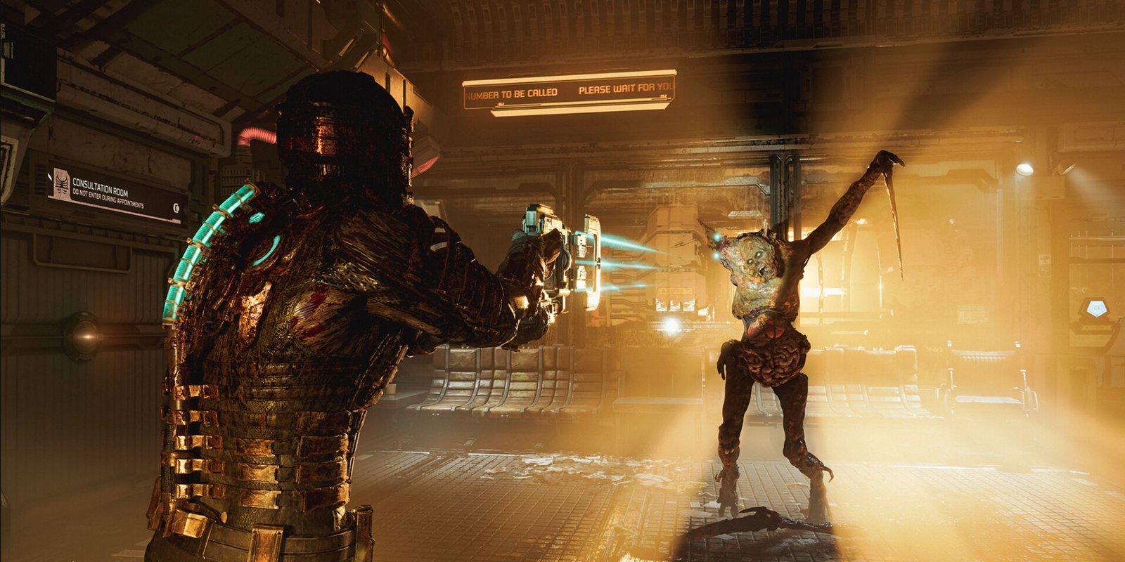 A screenshot of Isaac shooting a Necromorph in Dead Space Remake.