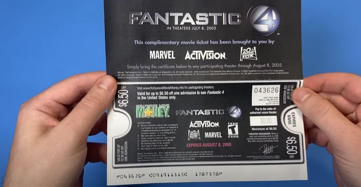 A picture of the included "free" ticket with purchase of the Fantastic Four 2005 video game.