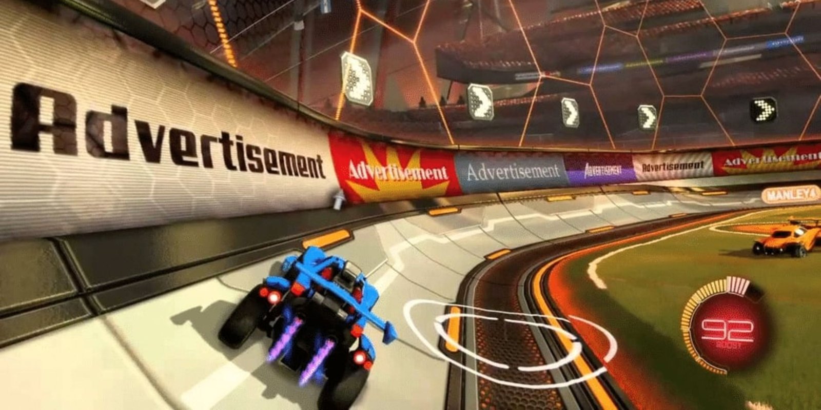 A car using its rocket boost feature in Rocket League.