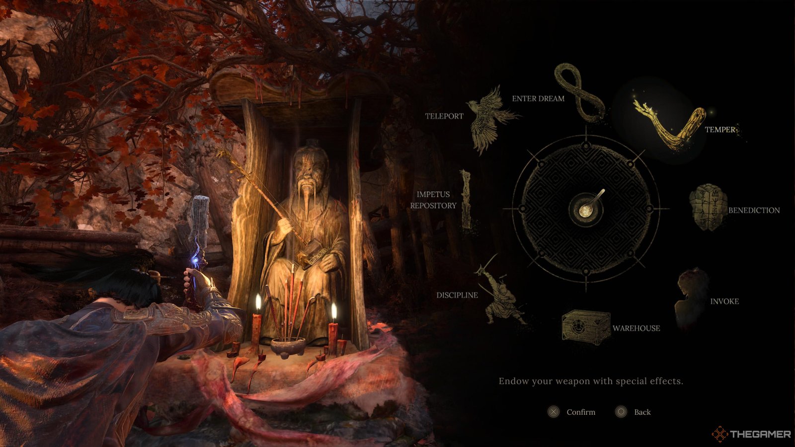 Accessing the tempering menu from a shrine in Wuchang: Fallen Feathers.
