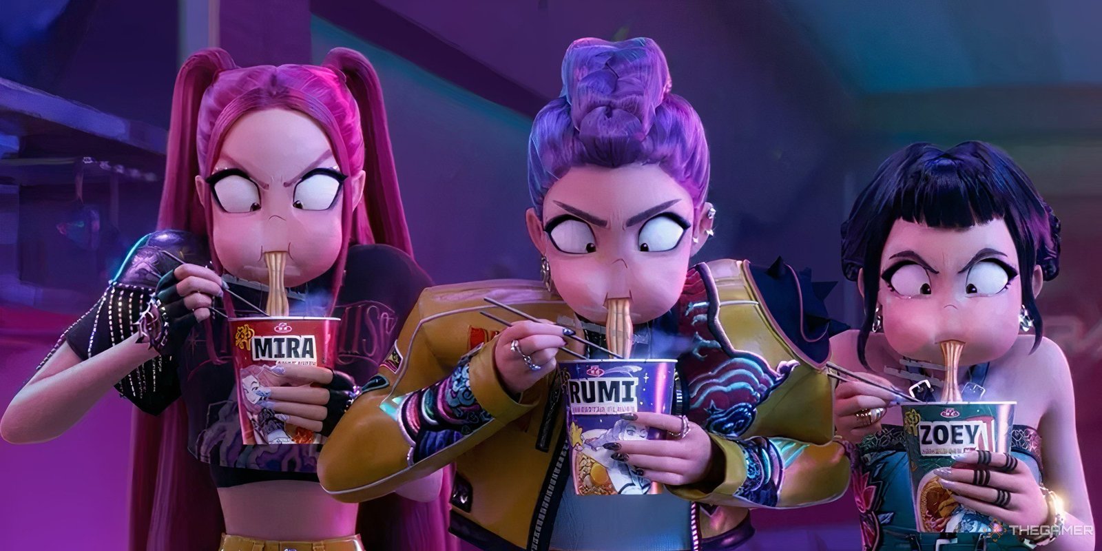 Zoey, Rumi, and Mira eating instant noodles.