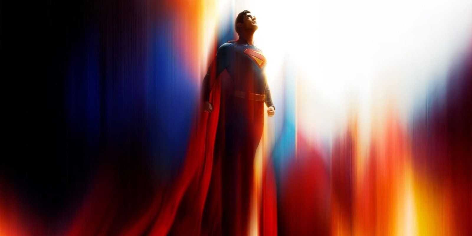 The poster for the 2025 Superman film, showing Superman flying upward with blue and red colours in the background.