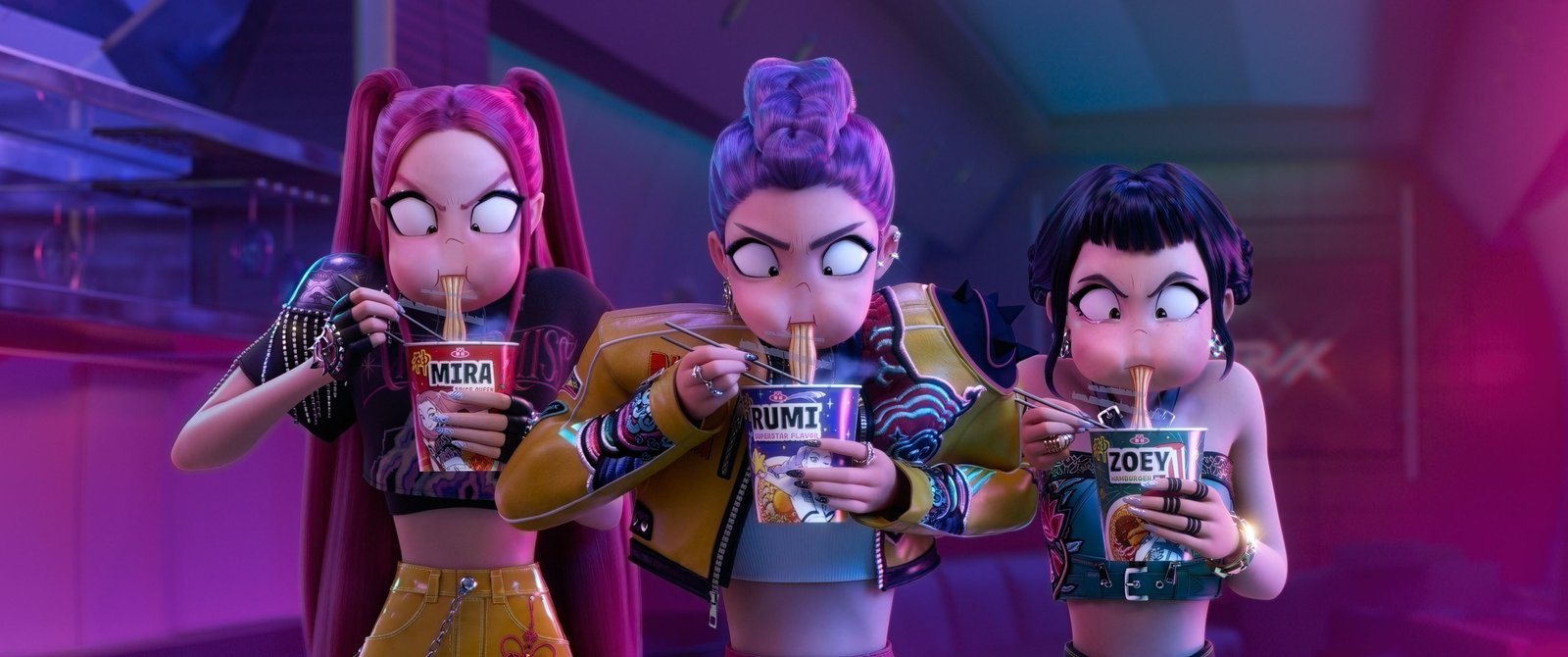 Rumi, Mira, and Zoey eat ramen in K-Pop Demon Hunters. 