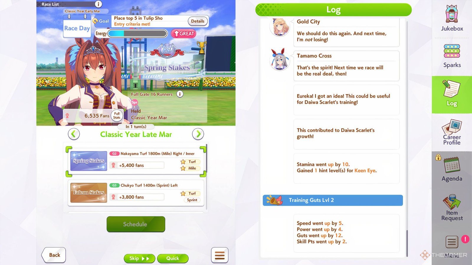 Spring Stakes in Daiwa's scarlet race menu is shown in Umamusume: Pretty Derby.