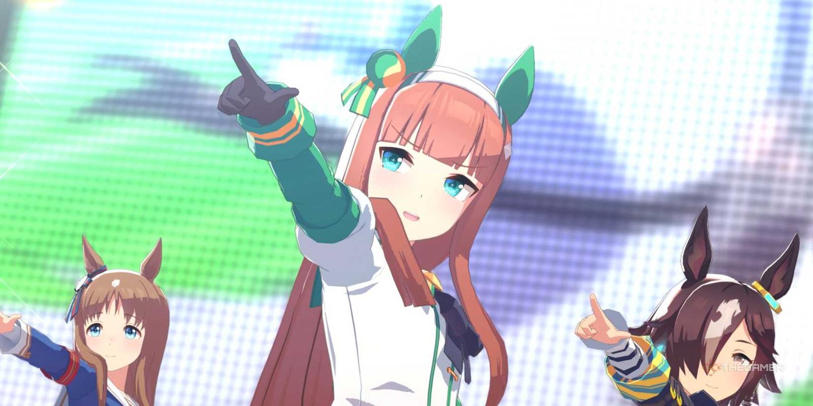Grass Wonder, Silence Suzuka, and Vodka are pointing their finger in Umamusume Pretty Derby.