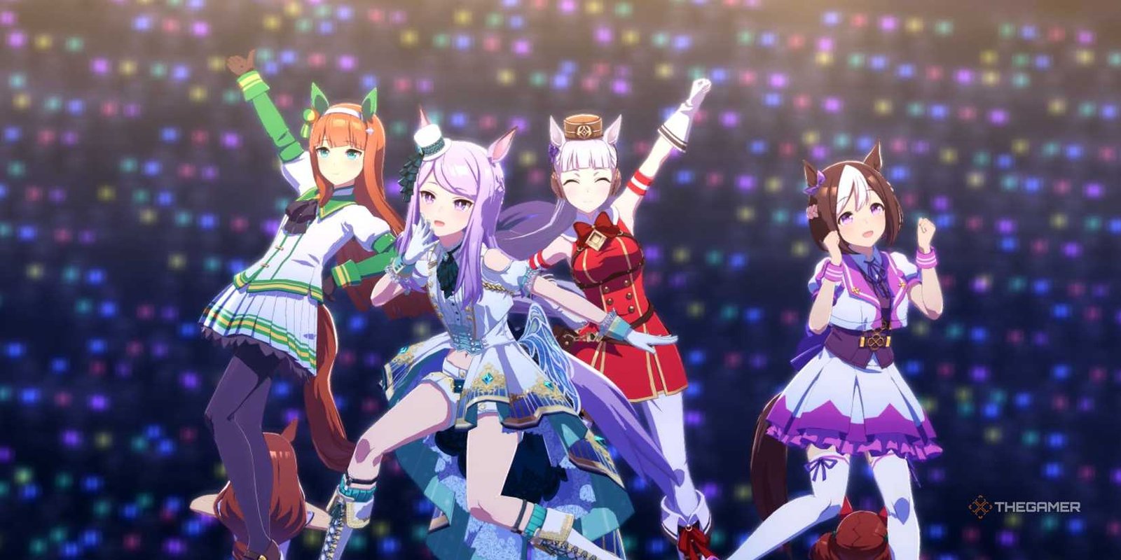 Silence Suzuka, Mejiro Mcqueen. Gold Ship and Special Week are shown in Umamusume Pretty Derby.