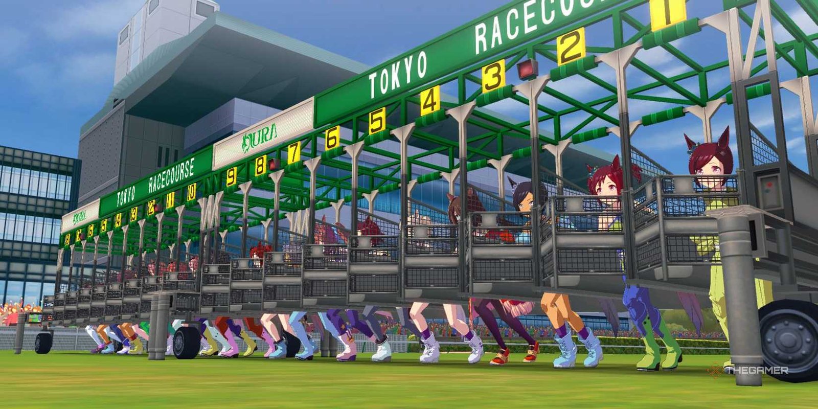 The racers are standing on the starting line in Umamusume Pretty Derby.