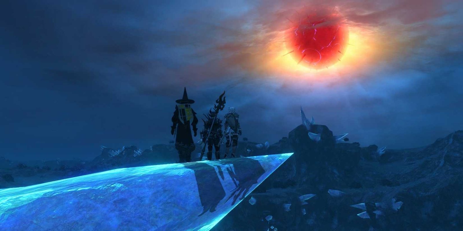 Three Warriors of Light look at the meteor looming in the sky while standing on a giant crystal.