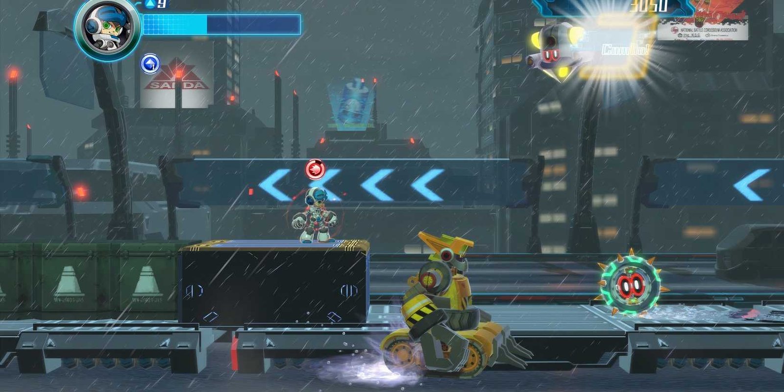 Protagonist Beck stands on a platform while looking at enemies coming at him in Mighty No 9