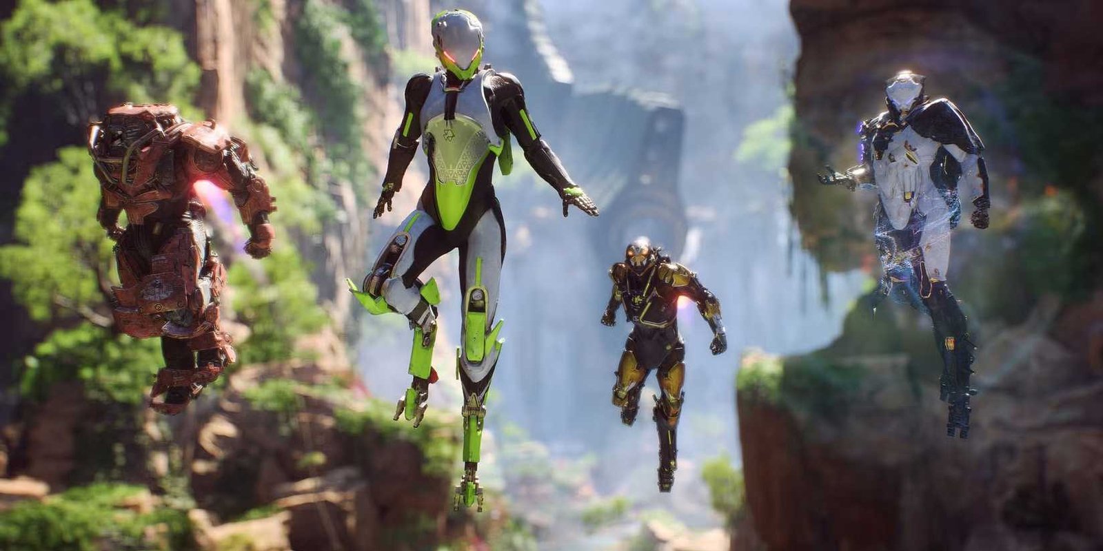 The Ranger, Colossus, Intercepter, and Storm default suits are floating in the air in the game Anthem.