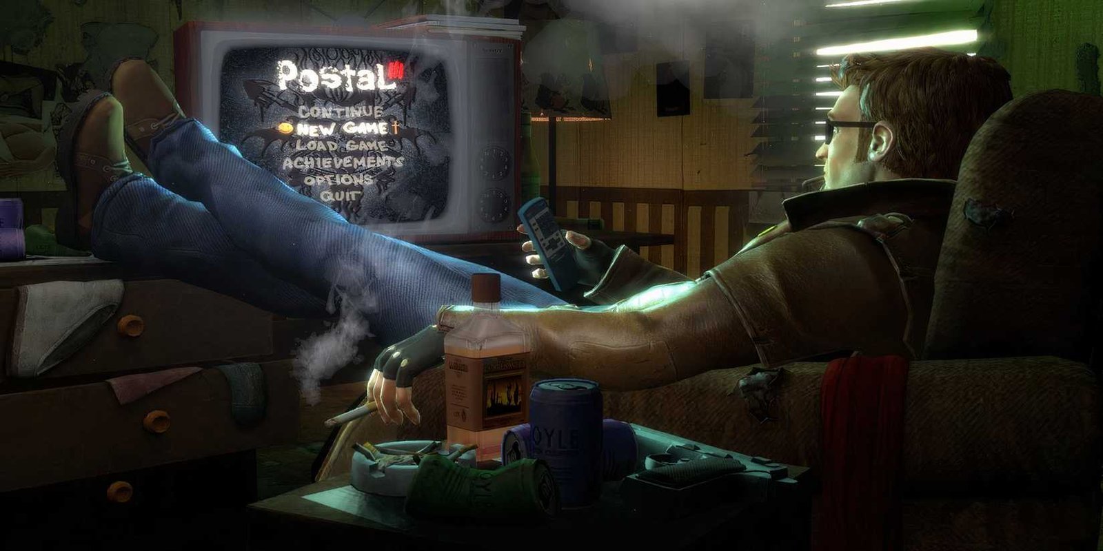 The Postal Dude (his real name), sits in front of a TV displaying the main menu as he holds a cigarette. A bottle of alcohol is next to him on a side table in a dimly lit apartment.