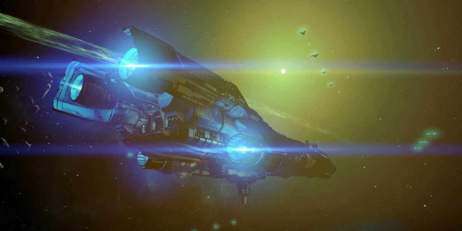 A ship is being backlit by a yellow star as it floats in space in X: Rebirth