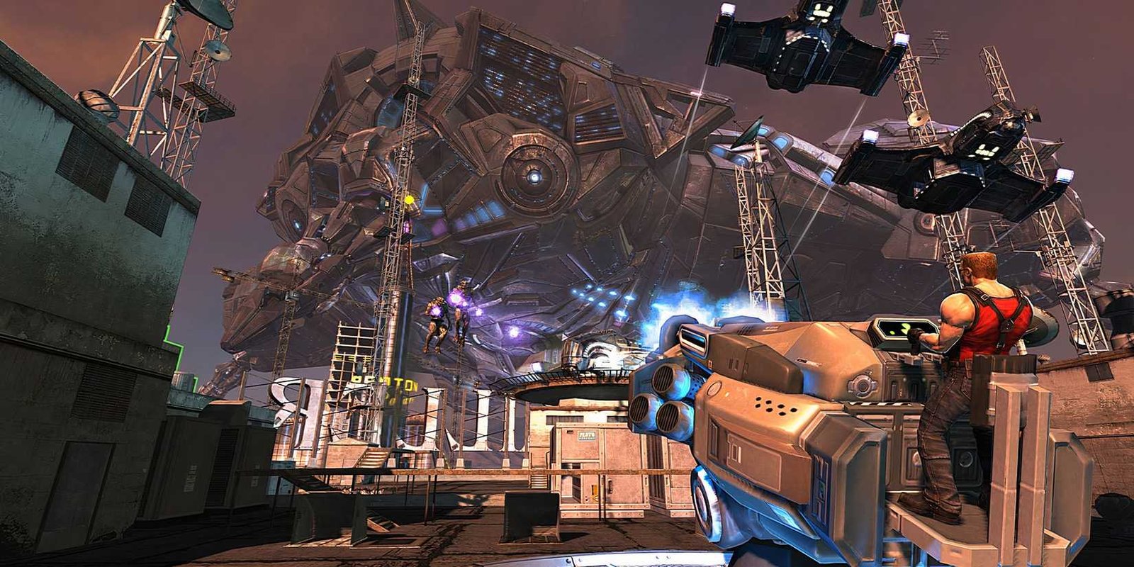 Duke is sitting in a futuristic turrent while shooting at the large alien ship in front of him in Duke Nukem Forever.