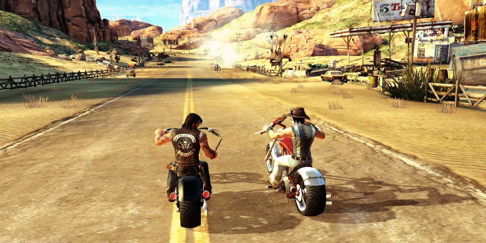 The protagonist and his brother are riding their motorcycles on a desert road in Road to Hell: Retribution.