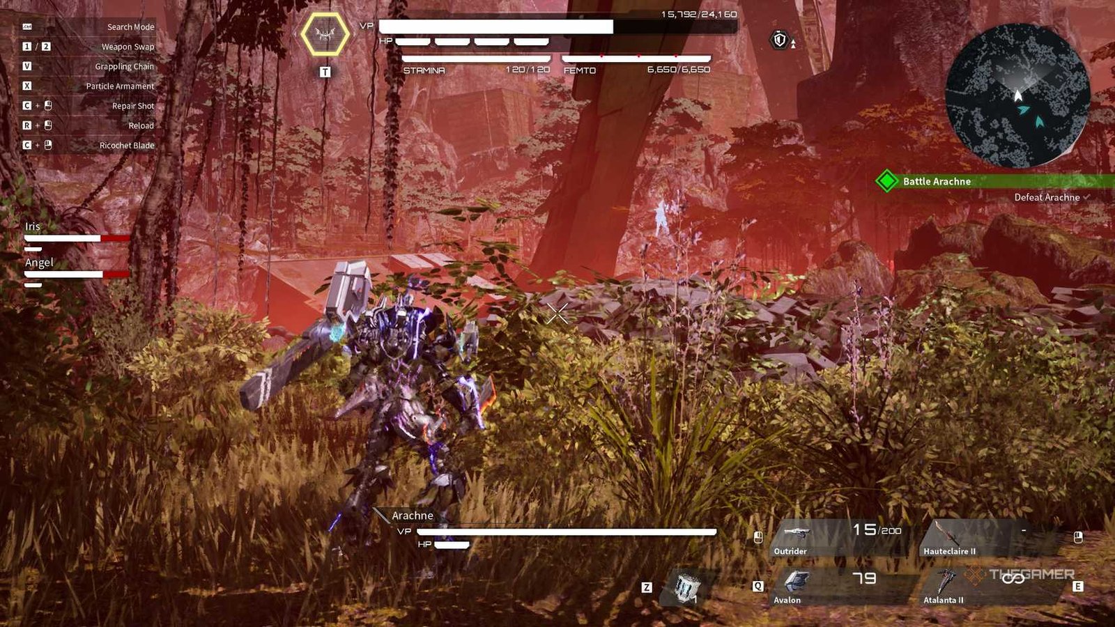 arachne's outline is illuminated in the distance as she prepares to fire on the player in daemon x machina: titanic scion.
