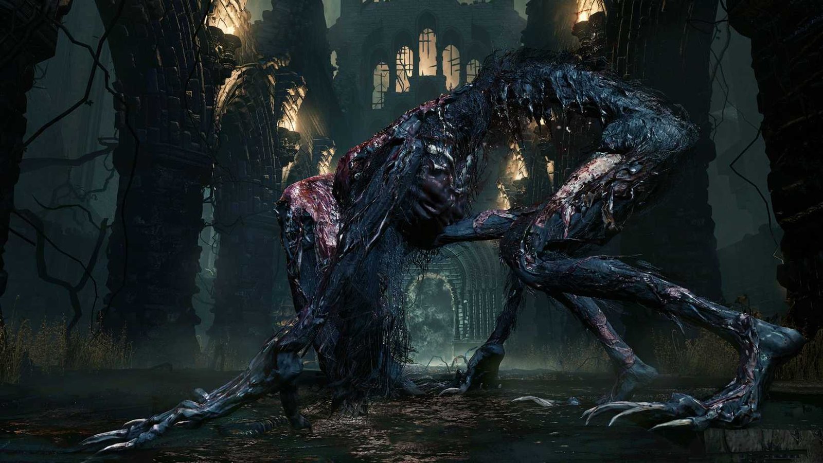 A long limbed beast with flayed skin stands in a gloomy room.