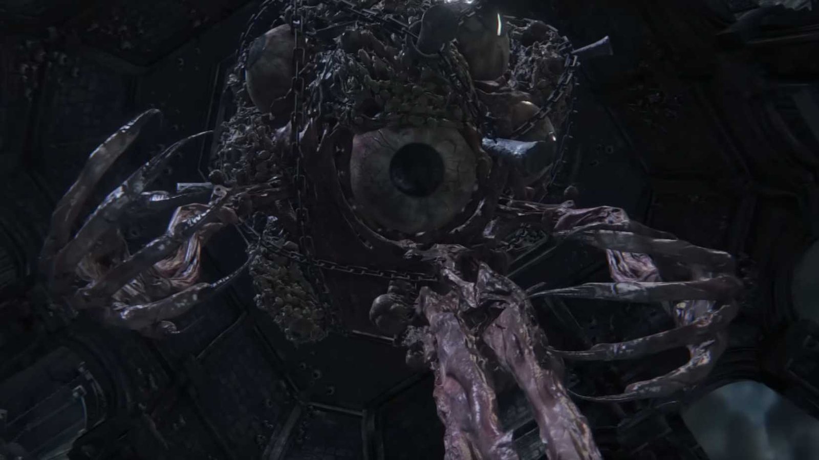 The Brain of Mensis, a large mass of eyes, flesh, and chains, hanging above the camera.